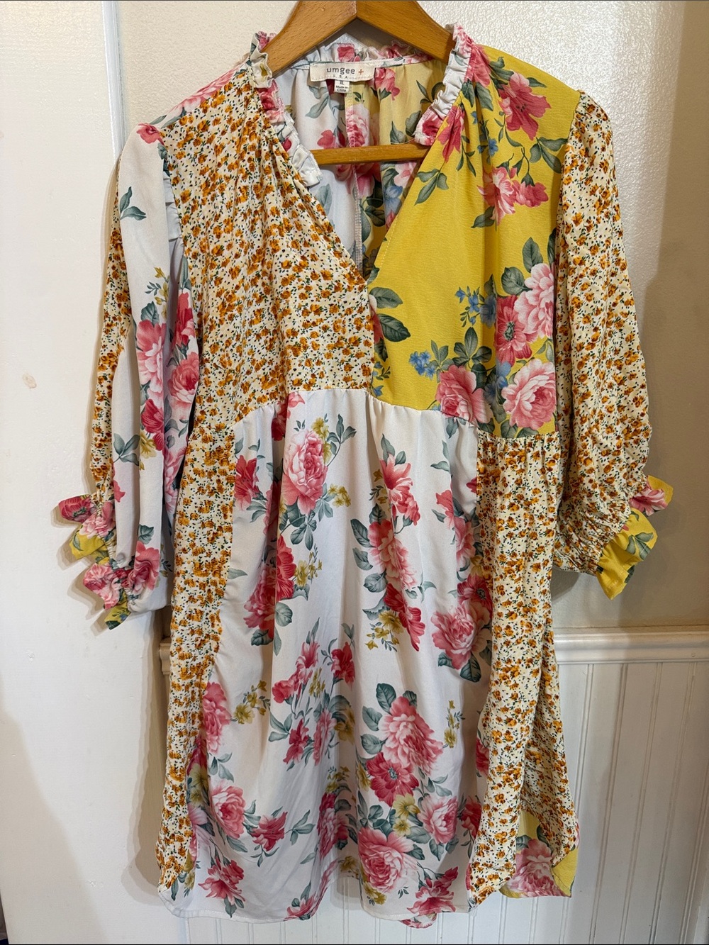 Umgee Floral Patchwork V-Neck Tunic Dress in Yellow and Pink